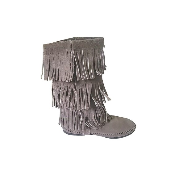 Minnetonka Gray Suede Leather Moccasins Fringe Boots Pull On 1631T Womens Size 8 - Picture 3 of 6